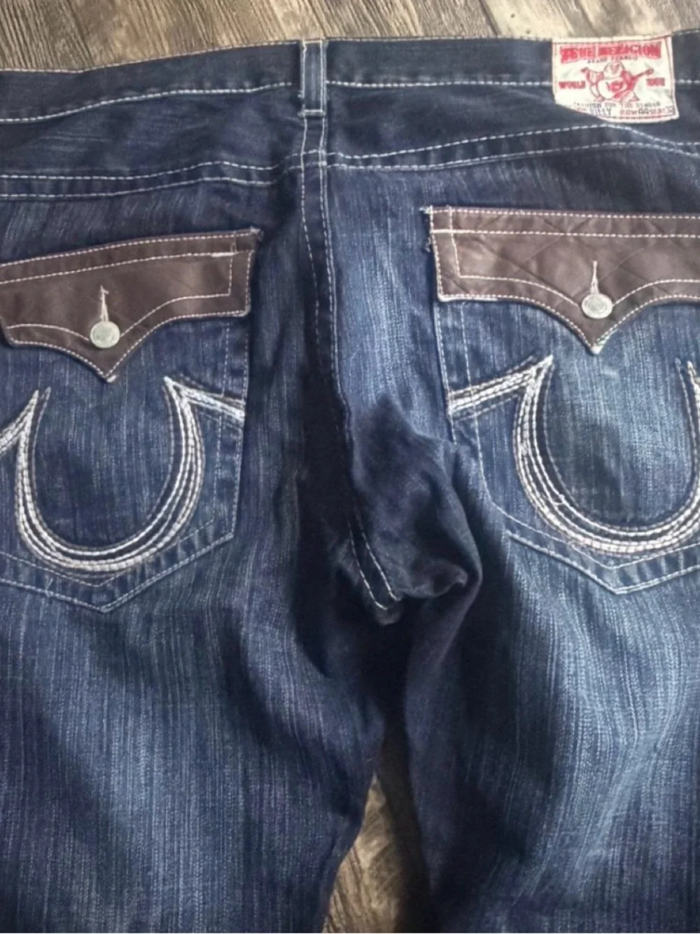 True Religion Dark Blue Jeans with Brown Pocket Flap